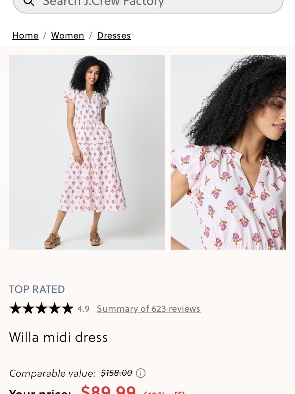 J. Crew Willa Midi Dress — Light Pink with Floral Print